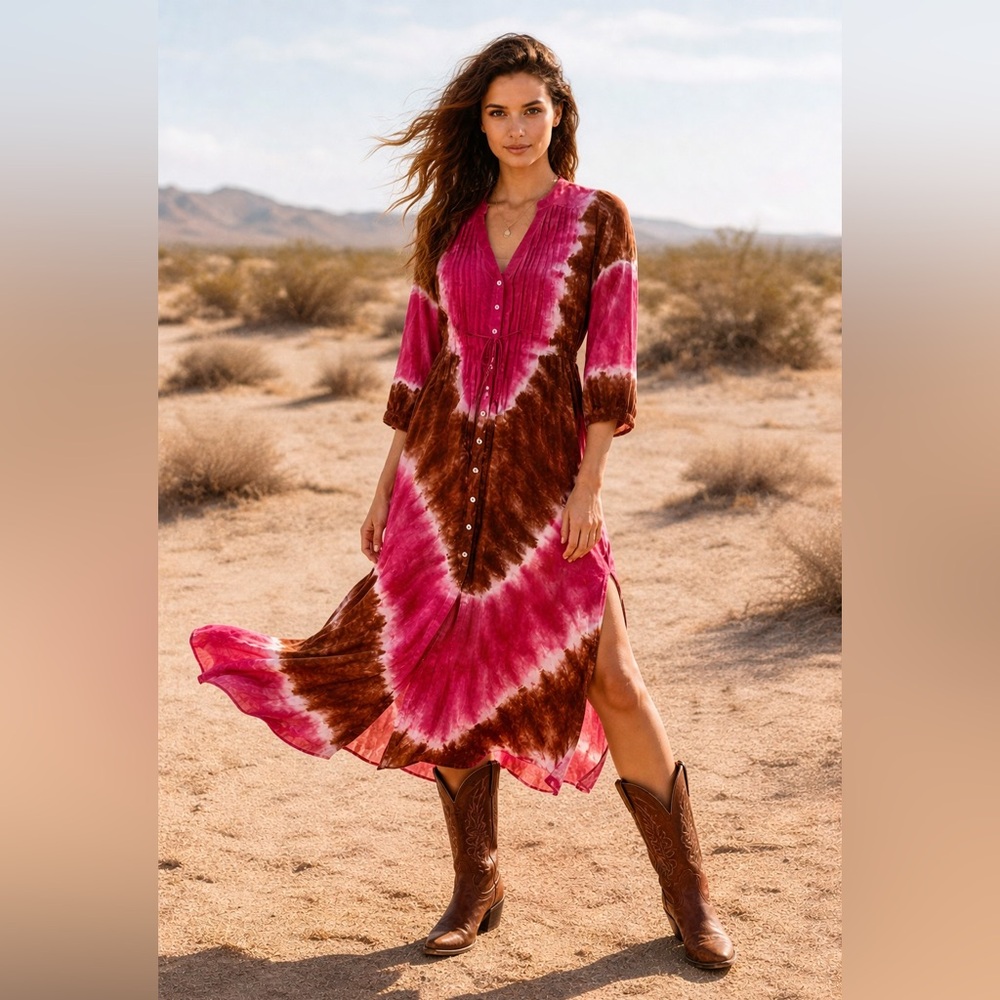 Area Stars Tie-Dye Maxi Dress Pink Brown Boho Western Button Front Medium